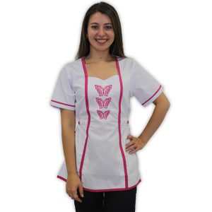 Delantal bordado Fucsia centro mariposas - blanco