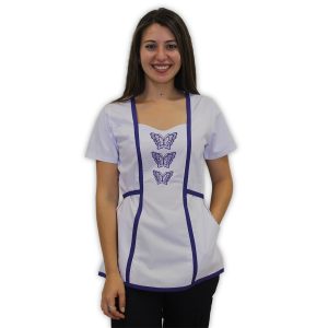 Delantal bordado Violeta centro mariposas - blanco