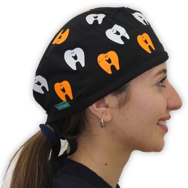 Gorro negro estampado dientes blanco-naranjo solidos -Unisex